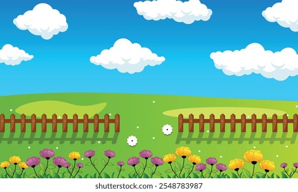 Summer garden with garden tools and fence. Vector Illustrations with separate layers. Concept for banner, web background and templates.