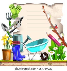 Summer garden tools with note paper with pussy willow 