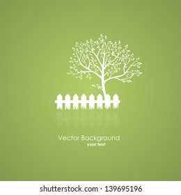 Summer garden with a tree and a light fence. Vector icons on a green background