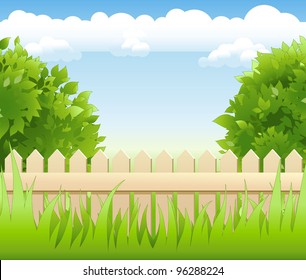 summer garden with tree and wooden railing