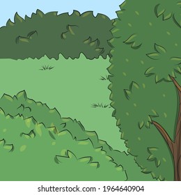 Summer garden vector flat illustration. Trees, bushes, lawn. Summertime outdoor scene. Suburban view. Cartoon illustration.