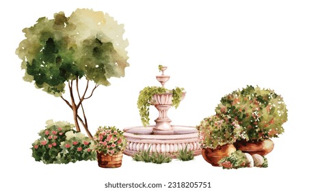 Summer garden watercolor vector design. Garden watercolor vector collection of flower, tree, leaves, and branches.