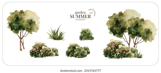 Summer garden watercolor vector on white background. Garden watercolor vector collection of flower, tree, leaves, and branches.