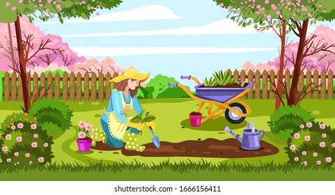 Fondo de jardinería de verano con patio trasero, trabajadora, carretilla, barca de riego, suelo, árboles florecientes, valla. Mujer plantando los semilleros. Pancarta de jardín de primavera al estilo de las caricaturas