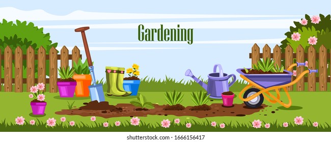 Summer gardening banner with wheelbarrow, pots, fence, blooming bushes, shovel, watering can and flowers. Backyard concept with garden equipment in cartoon style. Hobby background with copy space. 