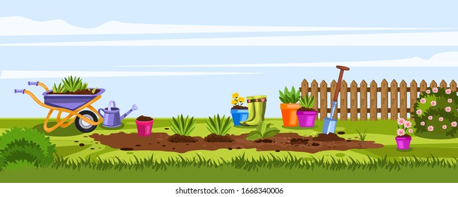 Summer gardening banner with wheelbarrow, pots, fence, blooming bushes, shovel, watering can and flowers. Backyard concept with garden equipment in cartoon style. Illustration with seedlings on ridge 