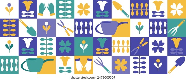 Summer gardening tools, water cans and tulip flowers geometric horizontal banner. Hand drawn vector agriculture print.