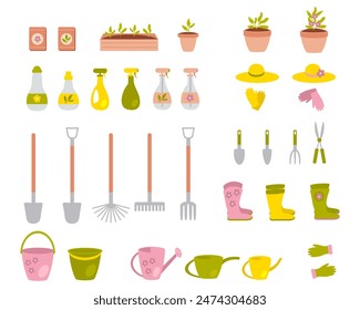 Summer gardening tools and workwear flat set. Hand drawn taking care of flowers and seedlings clipart collection. Vector illustration isolated on white background.


