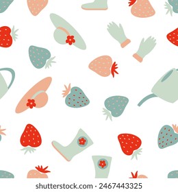 Summer gardening workweas, water cans and strawberries seamless pattern. Perfect print for tee, paper, textile and fabric. Hand drawn vector illustration for decor and design.