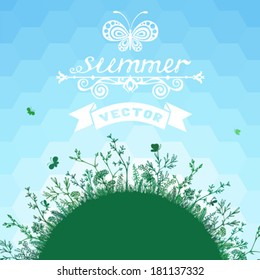 Summer geometric background. Green grass on blue hexagons background. There is place for your text on blue and green areas.