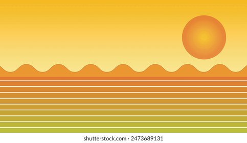Summer geometric background with sea wave, sun, sky and colorful ground. Vector illustration 