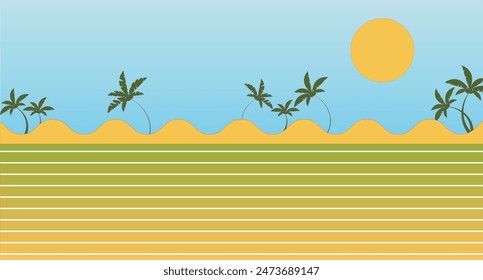 Summer geometric background with sea wave, yellow sun, blue sky, green palm trees and colorful gradient ground. Vector illustration of summertime.