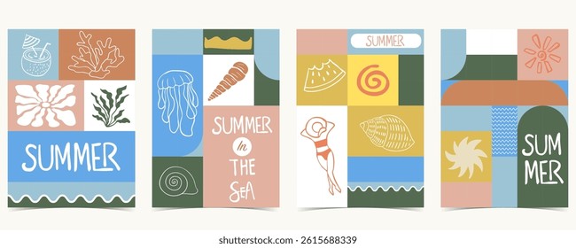 Summer geometric background with shell,coconut,jellyfish. graphic for a4 vertical design