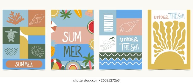 Summer geometric background with shell,turtle,wave. graphic for a4 vertical design