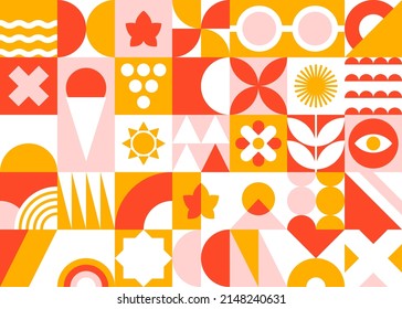 Summer geometric banner made of dynamic abstract shapes. Bauhaus design. Vector illustration. 