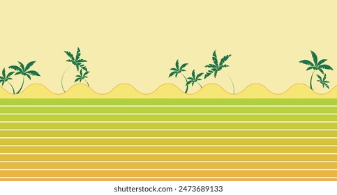 Summer geometric banner with sea wave, bright sky, green palm trees and colorful gradient ground. Vector illustration of sunny day.