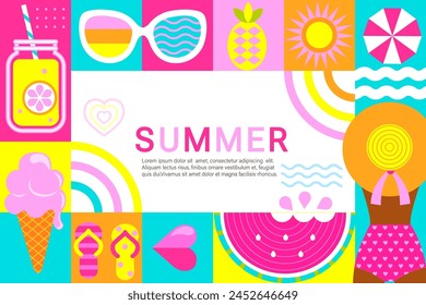 Anuncio geométrico de verano con Formas de geometría simple, figuras y símbolos de temporada-chica caliente, sandía, helado, piña, bebidas frías. Diseño para carteles, volantes, cubiertas, Web, invitaciones, saludos. Vector