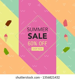Summer Geometric Colorful Background with, Ice-Cream. Vector Illustration Template for Banner, Flyer, Invitation, Poster, Brochure, Voucher Discount Card