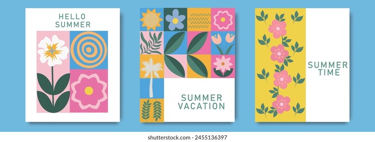 Summer geometric floral colorful flat mosaic card set. Modern vector horizontal llustration for banner, social media. Swiss style. Neo geo art for greeting cards, posters, banner, and social media