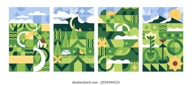 Summer geometric landscape posters set. Abstract countryside nature, rural sceneries in cubist style. Contemporary stylized village views. Modern interior decoration, art. Flat vector illustrations