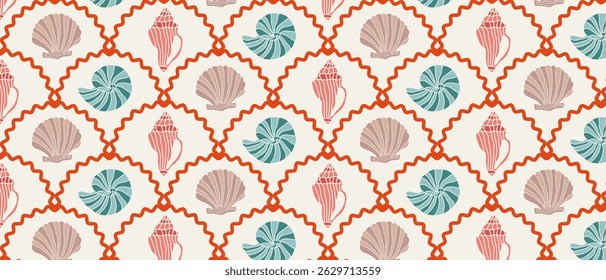 Summer geometric pattern with shells. Marine retro background with shells in cells. Vector.