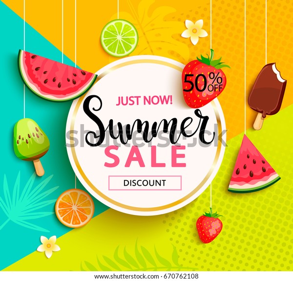 Summer Geometric Sale Banner Fruits Icecream Stock Vector (Royalty Free ...