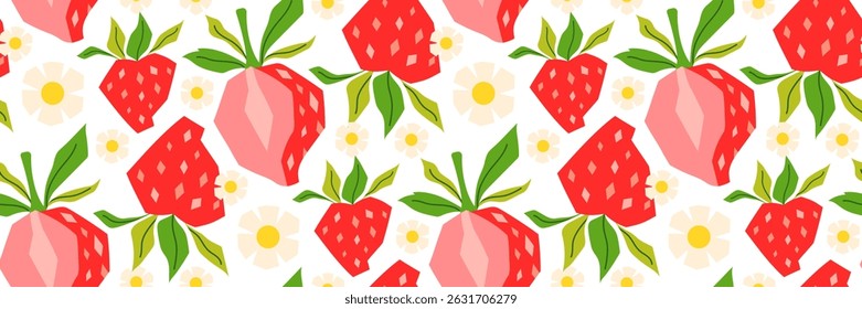 Verão padrão geométrico sem costura morango. Berry, folhas verdes, e margarida no fundo branco. Perfeito para têxteis, embalagem, menu sazonal, coquetel de verão. Ilustração plana vetorial.