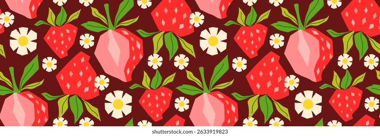 Summer geometric strawberry seamless pattern. Berry, green leaves, and daisy on red background. Perfect for textiles, packaging, seasonal menu, summer cocktail. Vector flat illustration.