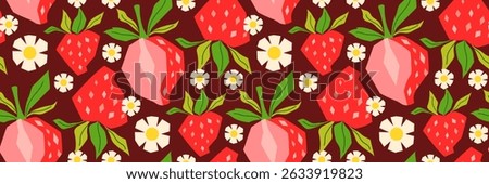 Summer geometric strawberry seamless pattern. Berry, green leaves, and daisy on red background. Perfect for textiles, packaging, seasonal menu, summer cocktail. Vector flat illustration.