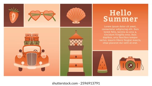 Summer geometric template of horizontal banner. Summertime fun concept. Vector illustration in flat design with lighthouse, camera, vintage car, watermelon, shell, strawberry, sunglasses. Cute flyer.