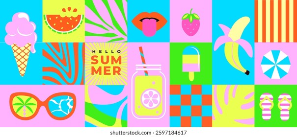 Summer geometric tile banner with simple geometry shapes and symbols of hot season-watermelon,ice cream, sunglases.Design for posters,flyers,covers,web,social media, design, marketing and print.Vector