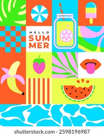 Summer geometric tile style banner with simple shapes and symbols of hot season-watermelon,ice cream, lemonade.Design for posters,flyers,covers,web,social media, design, marketing and print.Vector