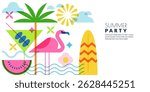 Summer geometric white background with palm, flamingo, cocktail, watermelon. Vector flat illustration. Horizontal beach party banner, poster, flyer, invitation design elements