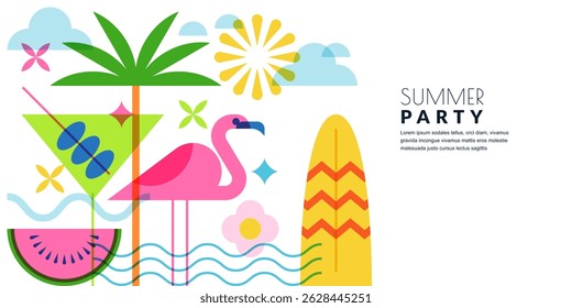 Summer geometric white background with palm, flamingo, cocktail, watermelon. Vector flat illustration. Horizontal beach party banner, poster, flyer, invitation design elements