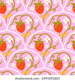 Summer geometrical pattern with hand drawn strawberries. Vector elegant print for fabric, wallpaper.