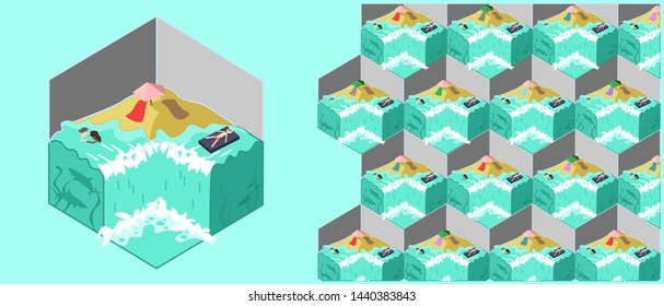 Summer geometry pattern with island vector isometry cartoon illustration