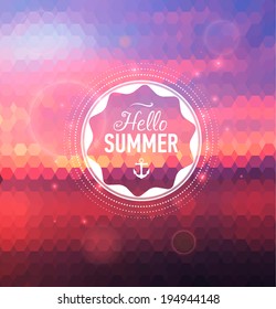 Summer geometry post card with sunset background and text badge. Vector illustration.