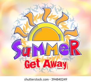 Summer Get Away Colorful Title in Watercolor Effects Background with a Silhouette of the Surfer. Vector Illustration
