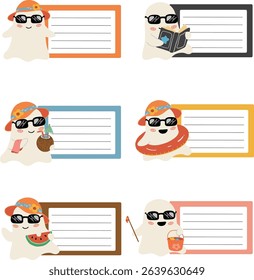 A summer ghost character with sunglasses and hat holding various summer items with blank note cards for text