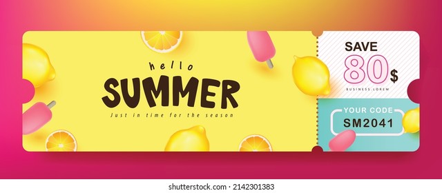 Summer Gift promotion Coupon banner template with lemon and pink ice cream