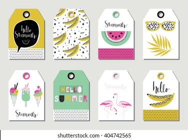 Summer gift tags and labels with cute ice cream, watermelon, banana and flamingo. Set of bright holiday summer labels. 