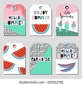 Summer gift tags and labels with cute ice cream, watermelon, banana in Scandinavian style. Set of bright holiday summer labels. 