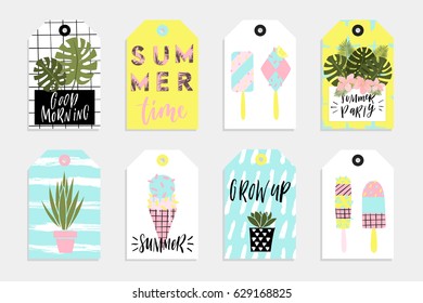 Summer gift tags and labels with fun elements, hand drawn lettering and textures. Palm tropical leaves, watermelon, banana, pineapple and much more.