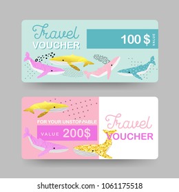 Summer Gift Travel Vouchers. Beach Vacations Coupon, Certificate, Banner Templates with Cute Whales. Sale Discount Background in Marine Theme. Vector illustration