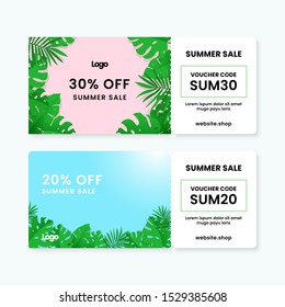 Summer gift voucher card template design with tropical leaf artwork background. Coupon code text sale promotion.