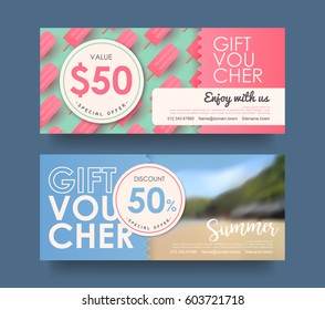 Summer gift voucher discount template with colorful background. Vector illustration.banners.