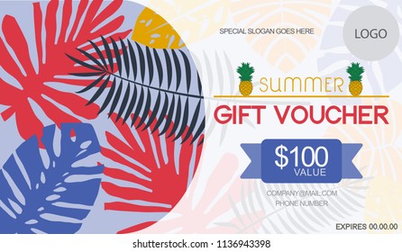 Summer gift voucher. tropical leaves background. Voucher for business