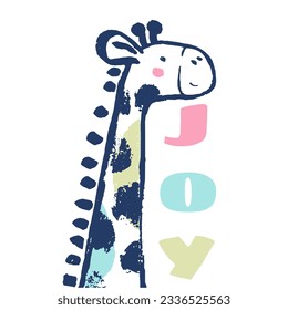 Summer giraffe head tropical t-shirt print. Beach vacation kids design, savannah nursery poster. Animals exotic, baby apparel jungle safari vector. Hand drawn african with slogan. Fun day. Travel stic