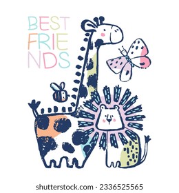 Summer giraffe, lion, butterfly, bee tropical t-shirt print. Beach vacation kids design, savannah nursery poster. Animals exotic, baby apparel jungle safari vector. African with slogan Best fiends