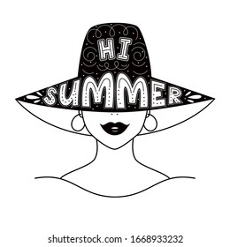 Summer girl in a beach hat. Vector illustration with lettering phrase: Hi, Summer! Black drawing on white background with doodling elements. 